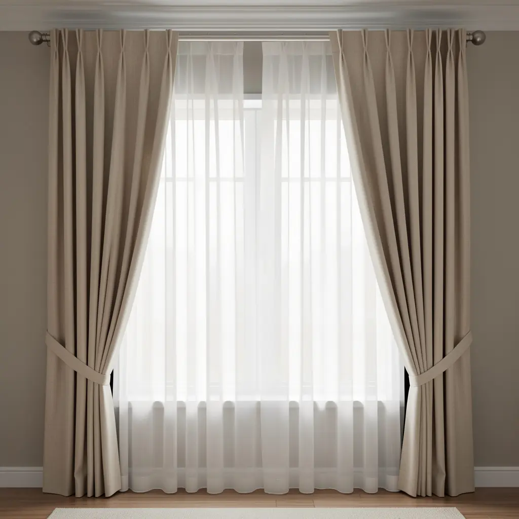 Professional curtain installation with layered sheer and linen drapes