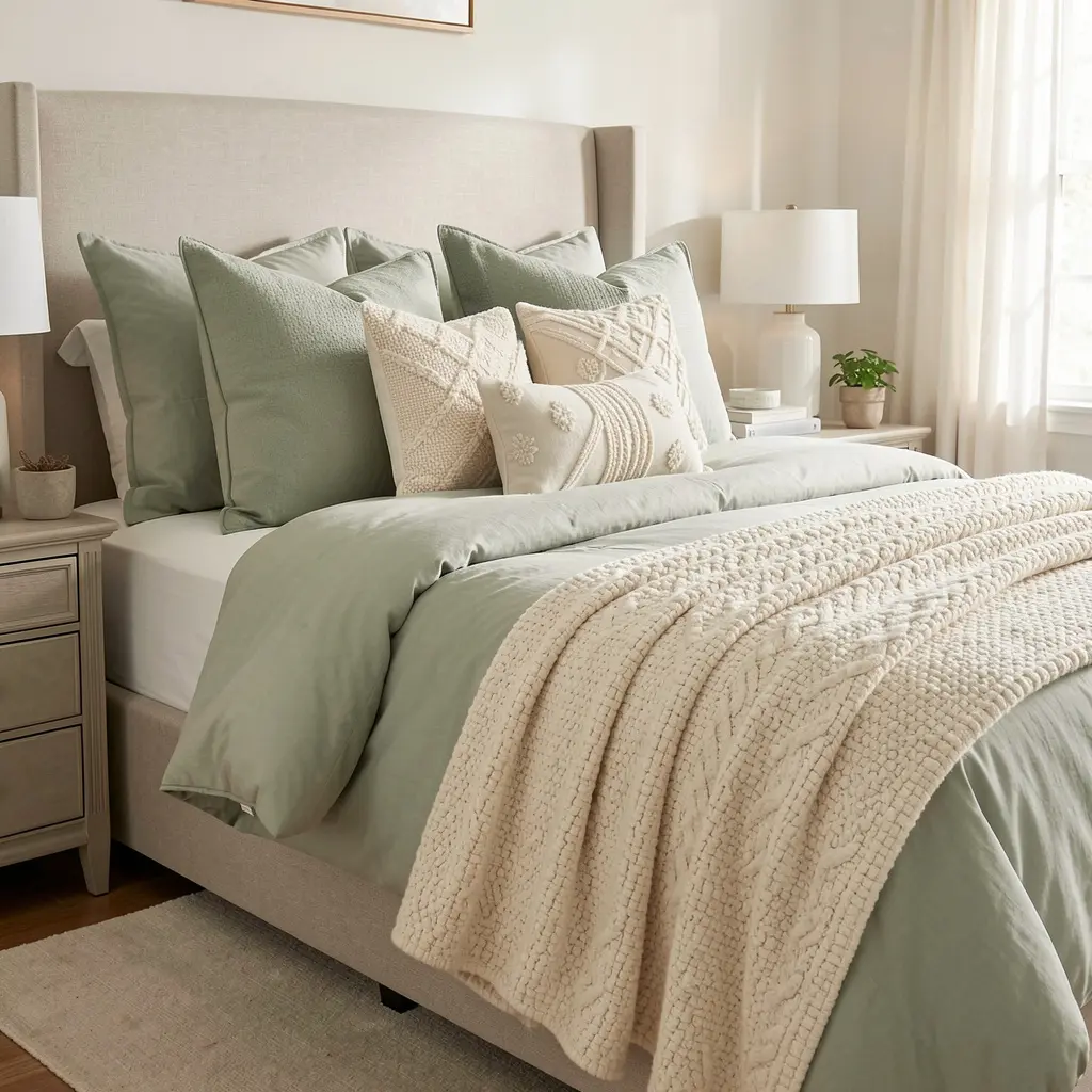 Decorative cushions and textured throw blanket in sage and cream tones on a bed