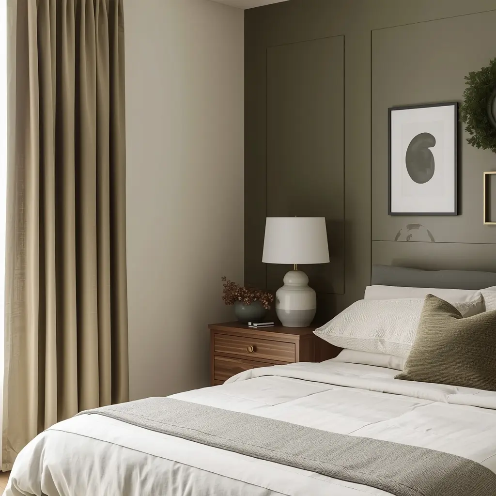 Elegant bedroom corner with layered curtains and textile decor in muted sage and cream tones